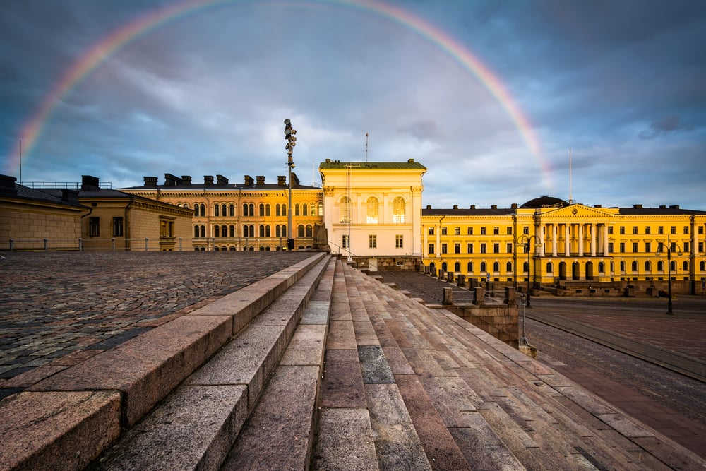 Rainbow over Senaatintori, Senate Square at sunset, in Helsinki, Finland.