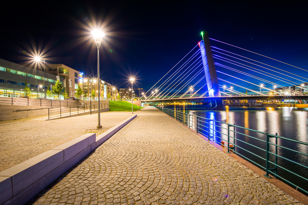 Crusell Bridge at night, over the Ruoholahti Canal, in Helsinki, Finland.