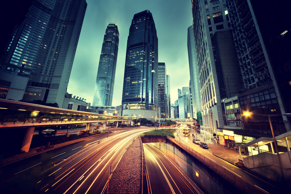 traffic in Hong Kong at sunset time